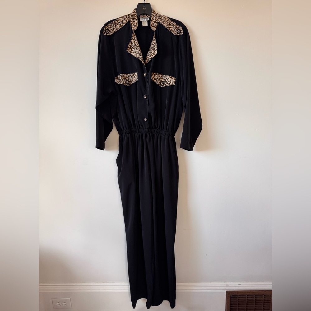 Vintage 1980s RIO black long-sleeve jumpsuit with leopard print